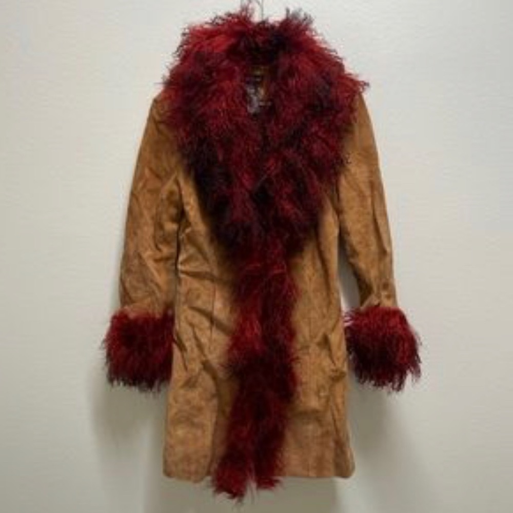 ISO vintage bebe red tan beige  Mongolian fur trim afghan suede jacket coat